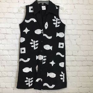 M Mac Fish Print Sleeveless Black Button Up Dress